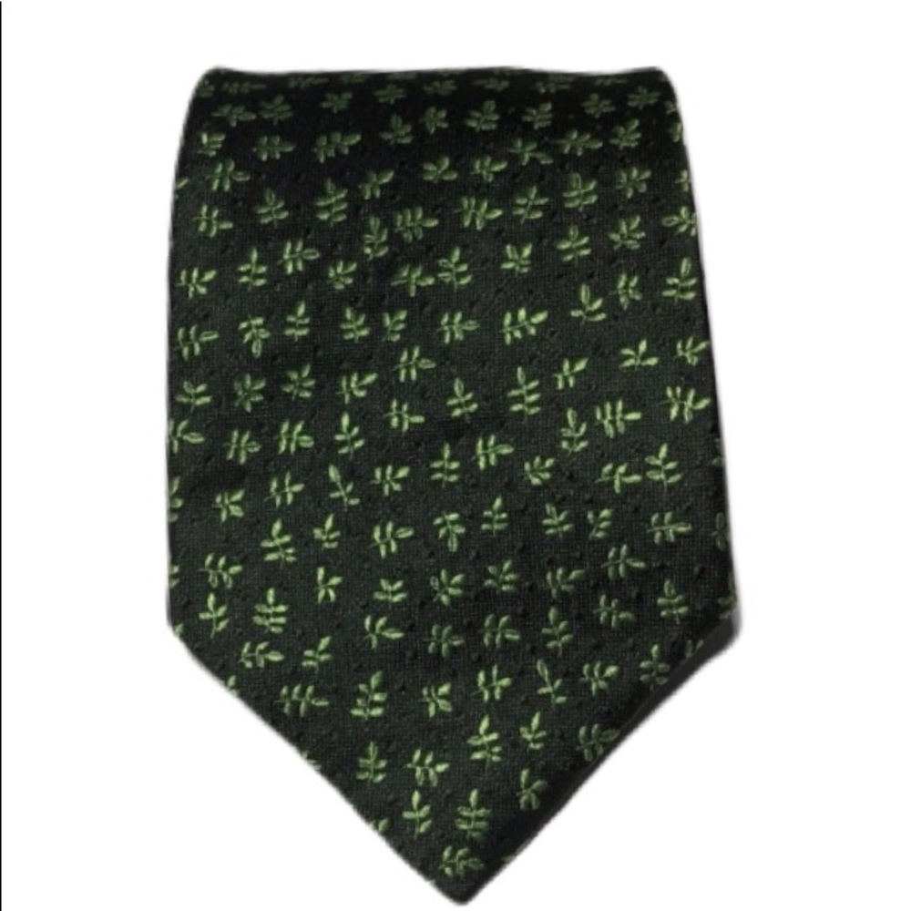 J. Crew Dark Light Green Leaf Design 100% Silk Tie